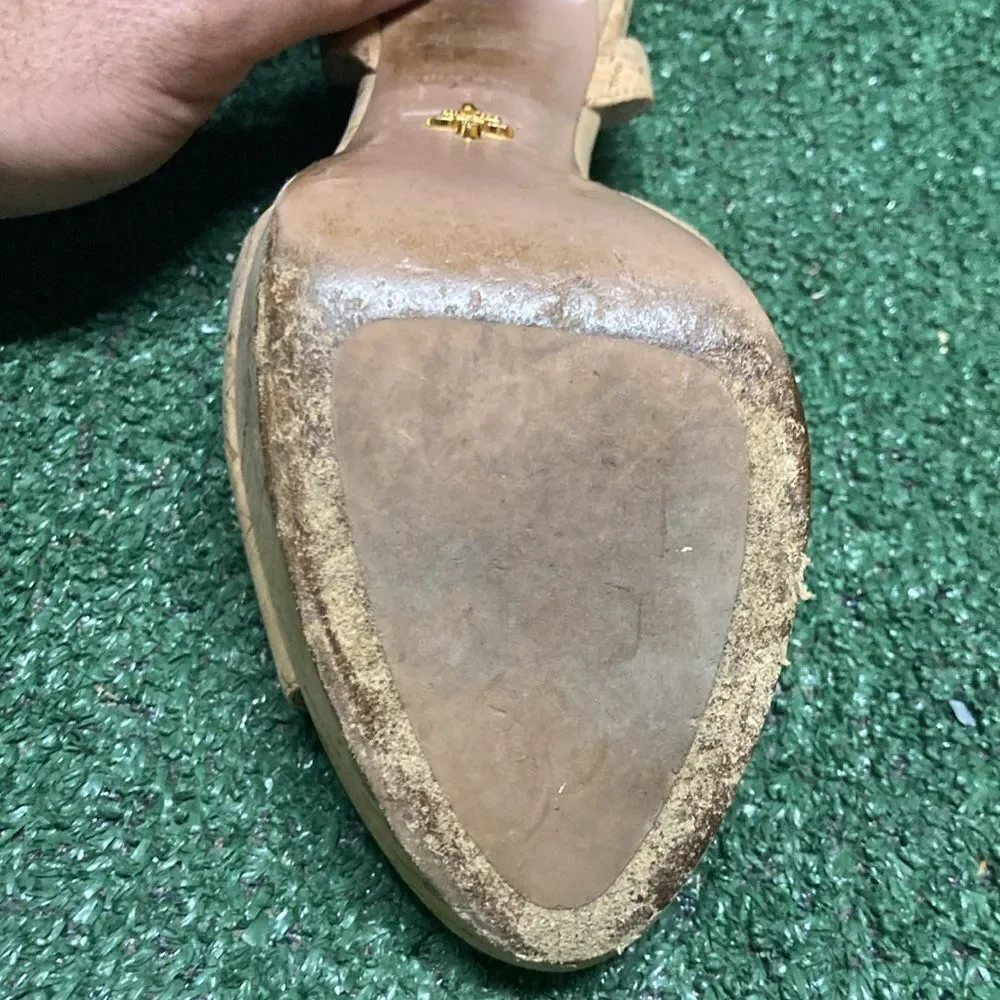 Prada Natural Cork Platform Sandals with Gold Buckles